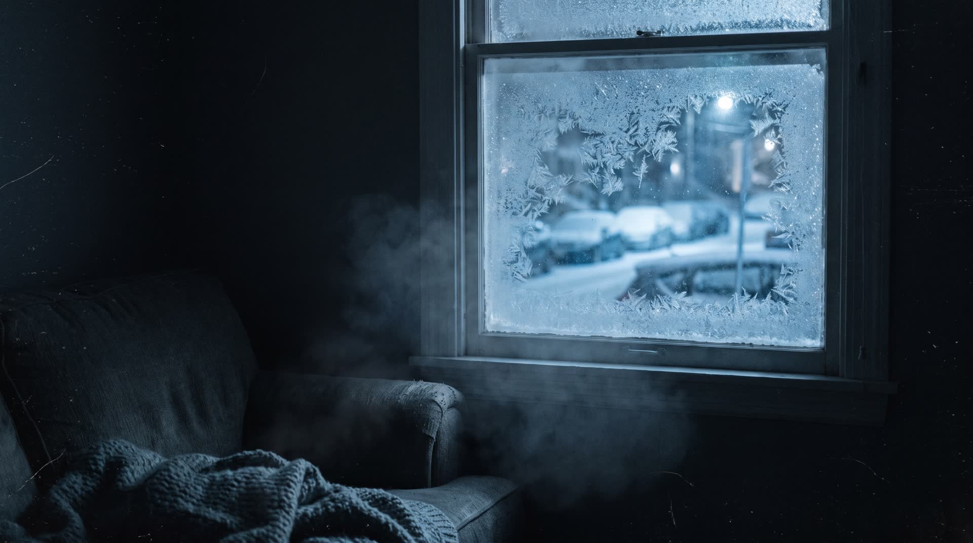 Frost on the inside of a window in a cold, dark room at night
