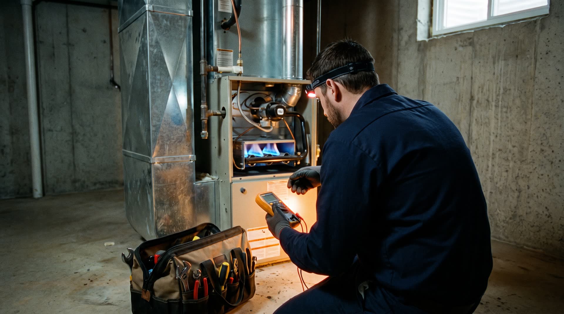 A technician tests a furnace in a basement as the burner lights
