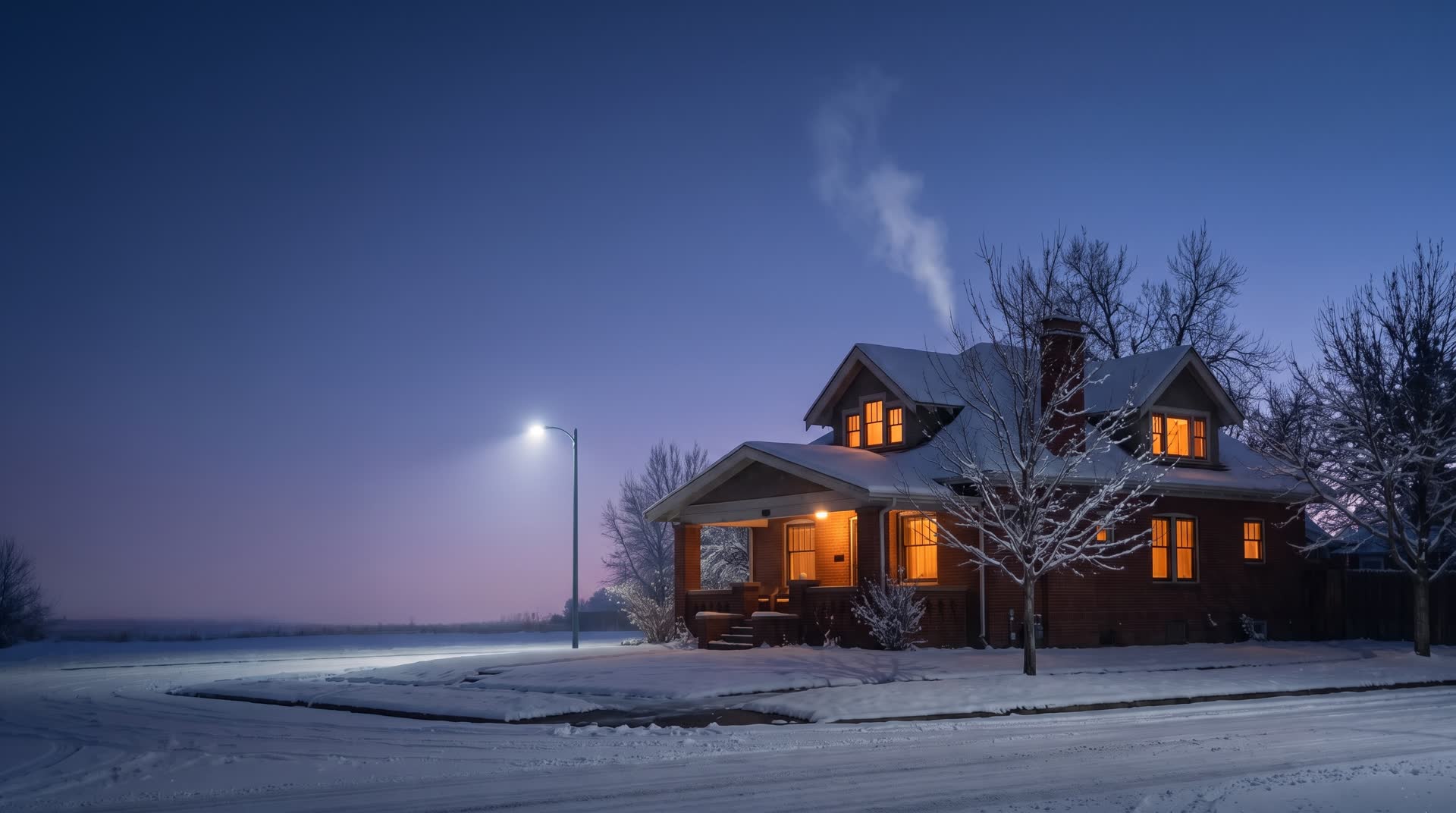 The same house before dawn, every window glowing warm