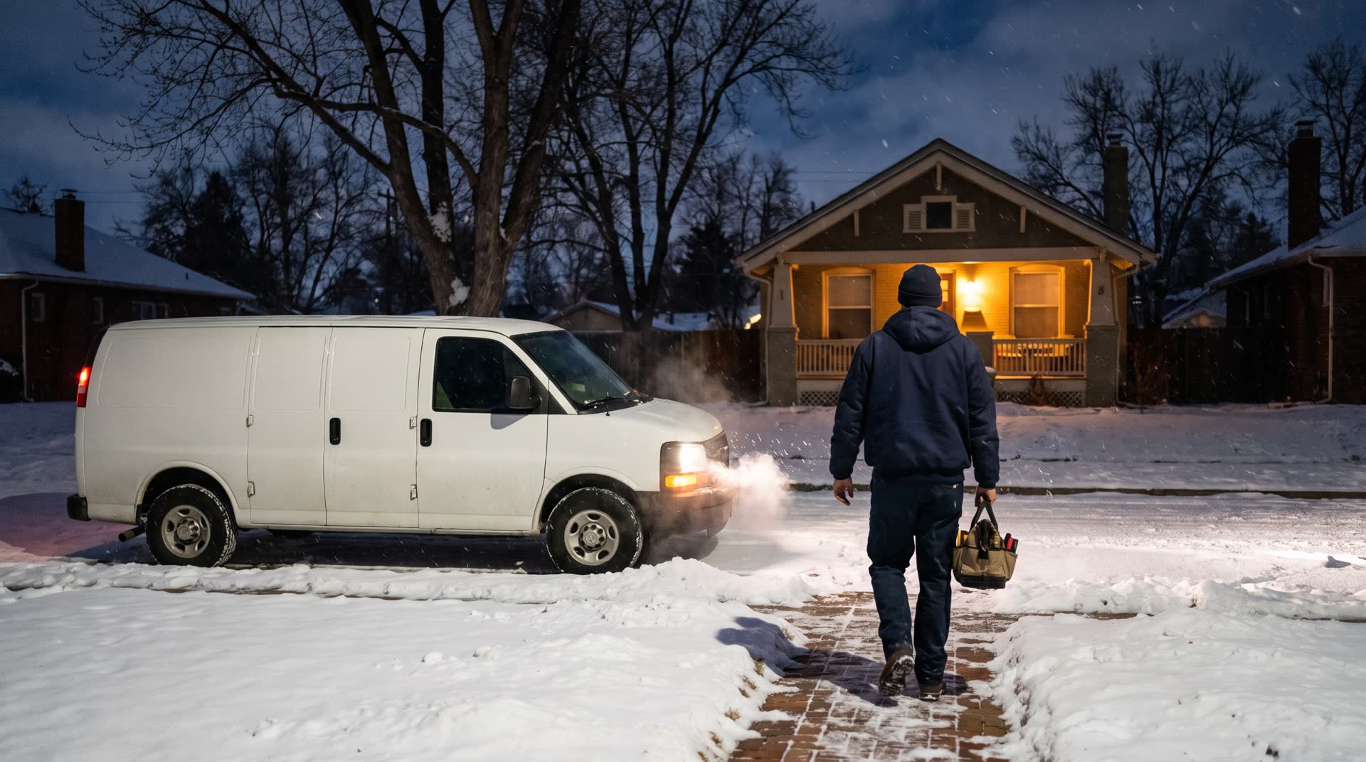A technician walks up a snowy front path to a lit porch at night