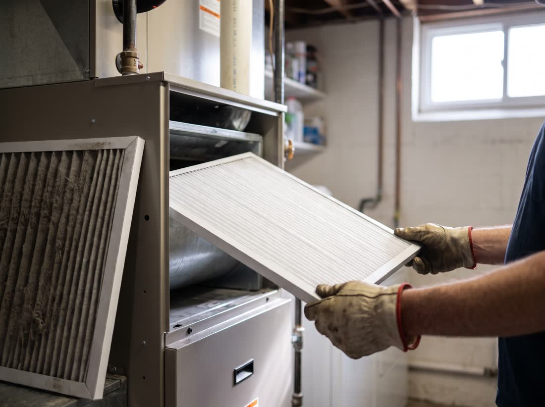 A technician fits a clean filter into an air handler