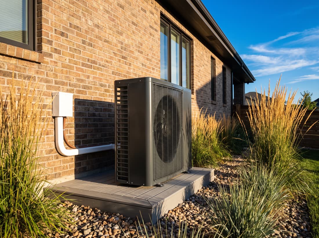 A modern heat pump beside a Denver brick home