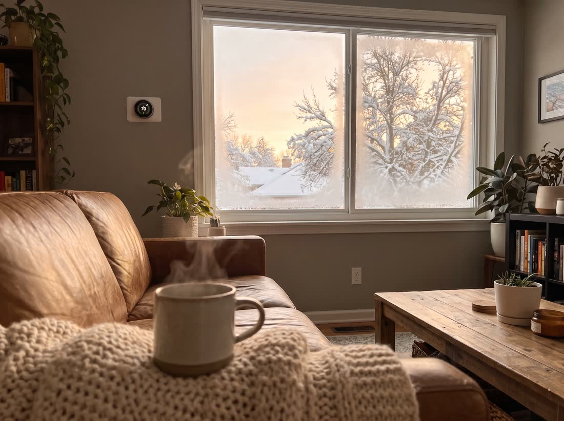 A warm living room on a snowy morning, thermostat at 70